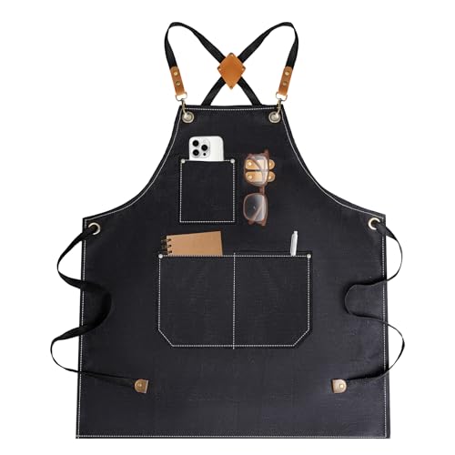 YELEGAI Canvas Cross Back Heavy Duty Chef Aprons with Pockets for Men Women | Durable Waterproof Cotton Kitchen Bib For Grilling Bbq Cooking Server Gardening Work Art, Gift, Restaurant Supplies