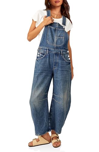 PLNOTME Womens Denim Bib Overalls Barrel Leg Adjustable Strap Jean Jumpsuit | 90s Outfits,Baggy Jumpers,Loose Overalls with Pockets