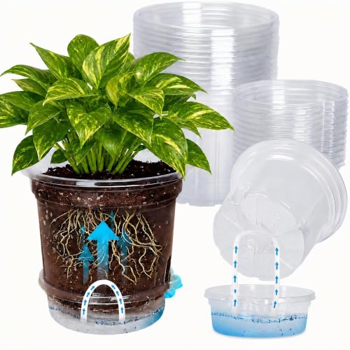 MIXC 12 Packs 5 Inch Self Watering Pots for Indoor Plants - Clear Nursery Plant Pots with Drainage, Deep Visible Reservoir - Flower Planter Outdoor with Wicking Rope