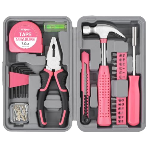 Hi-Spec Tool Set 25pc Pink Household DIY Tool Kit for Women. Small Mini Tool Box Set of Starter Basic Ladies Tools