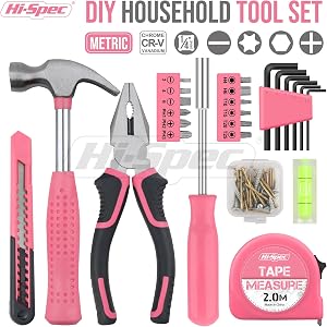 Hi-Spec Tool Set 25pc Pink Household DIY Tool Kit for Women. Small Mini Tool Box Set of St
