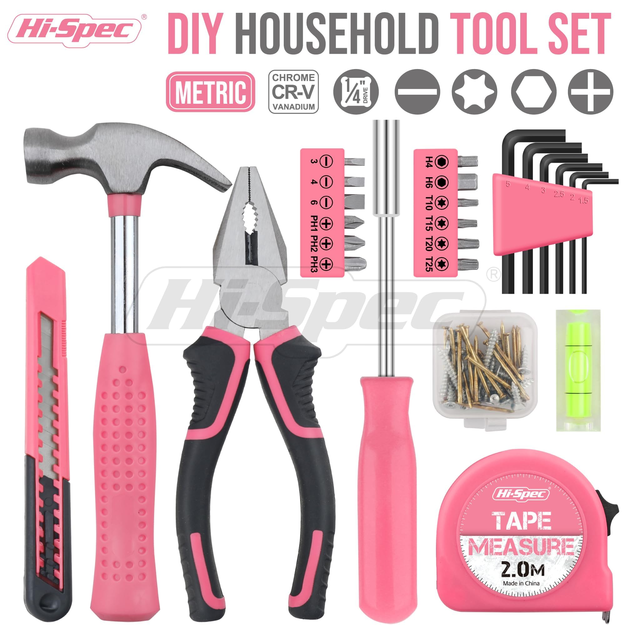 Hi-Spec Tool Set 25pc Pink Household DIY Tool Kit for Women. Small Min — Build quality and design details up close